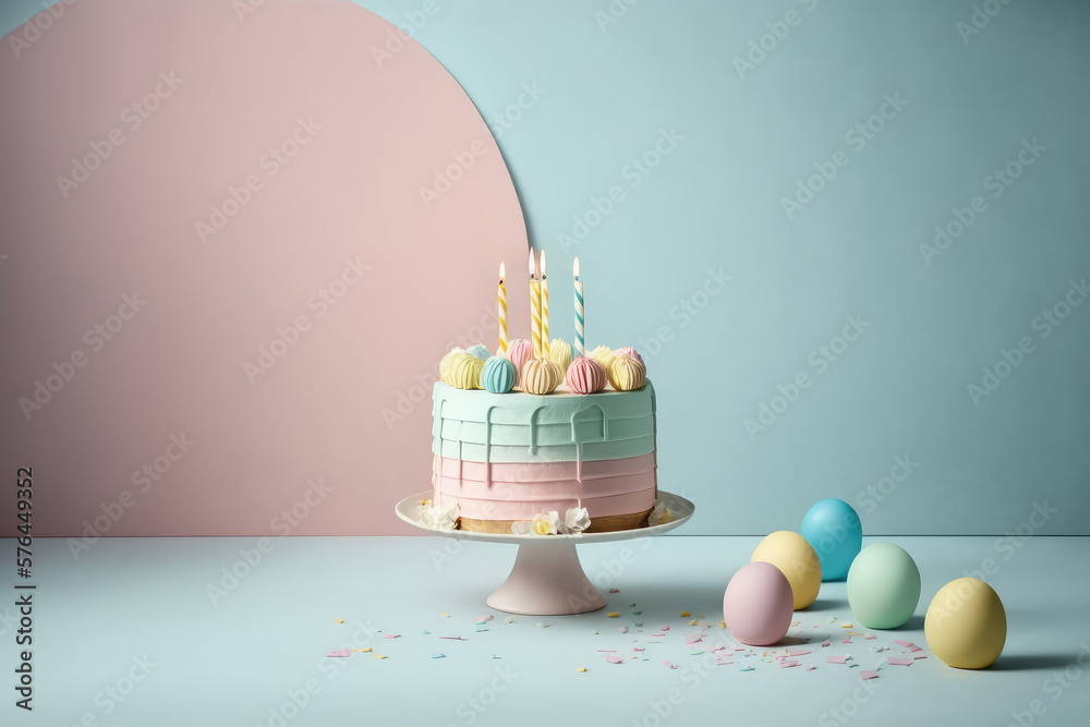 Birthday cake with candles in front isolated on pastel wall background ...