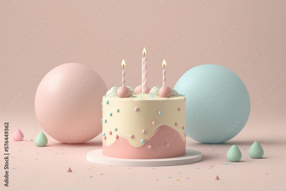 Birthday cake with three candles in front isolated on pastel pink ...