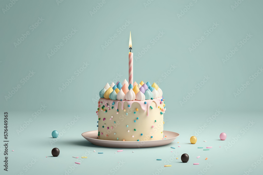 Birthday cake with candles in front isolated on pastel blue background ...