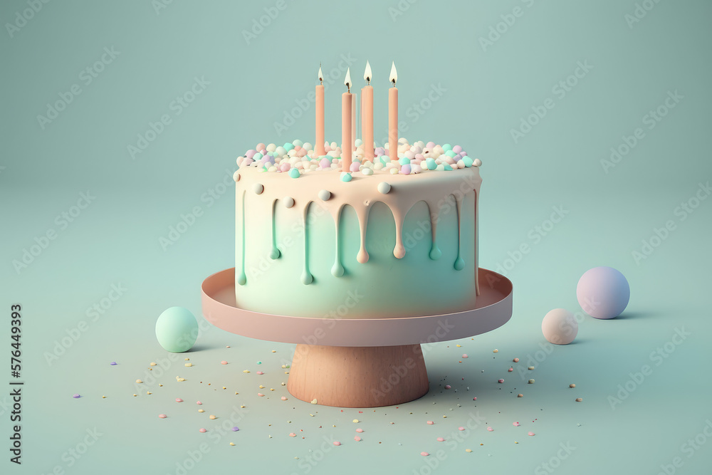 Birthday cake with candles in front isolated on pastel blue background ...
