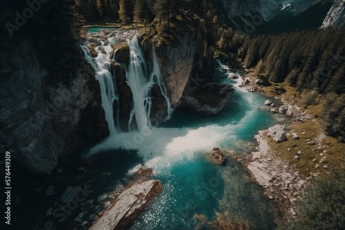 Beautiful Waterfall in Austria drone shot, generative AI photo