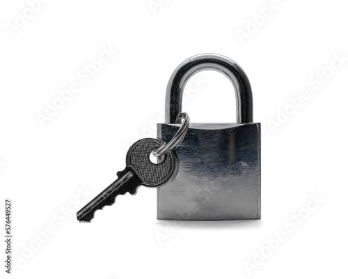 Steel padlock with key, isolated on white background