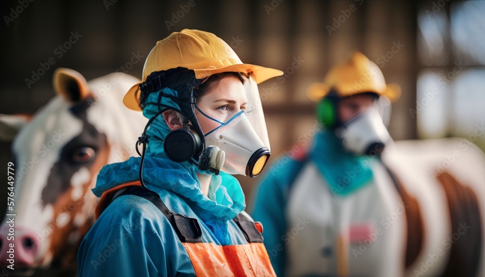 People wearing personal protective equipment or PPE with spraying disinfectant for protection pandemic of disease in cattle farm, Generative AI