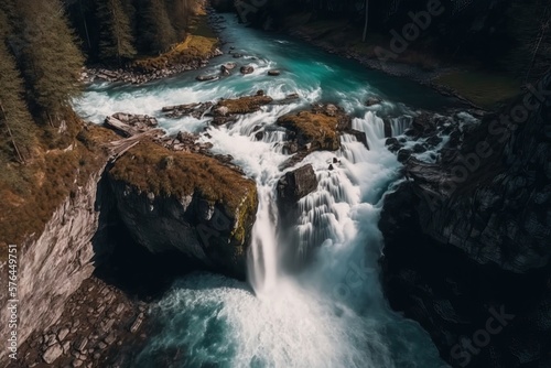 Drone shot of a beautiful waterfall in switzerland, generative AI