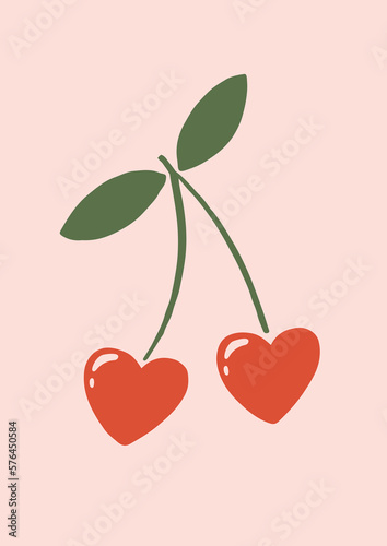 Cute Heart-Shaped Cherries on Pink Background. Simple Hand Drawn Vector Illustration Perfect  For Poster, Card, Invitation, T-shirt Print, Playroom Wall Hanging Or Valentine’s Day Greeting Card.