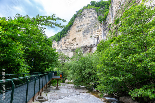 Okatse (Kinchkha) Waterfall viewing platform and boardwalks over the Satsikvilo Gorge, Kutaisi, Georgia.