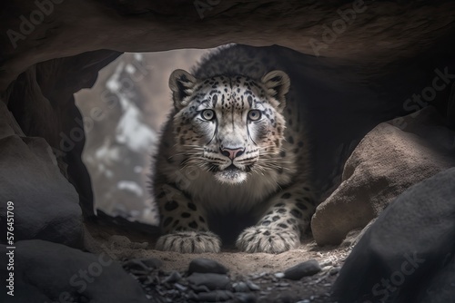 Snow Leopard sitting in a Cave, generative AI © TraveVisuals