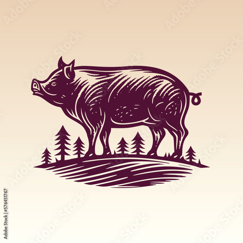 Hand drawn Pig illustration with stilyzed trees in the background. Vintage woodcut engraving style vector illustration.