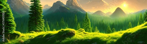 Panoramic view of big mountains, beautiful green meadows with coniferous trees. Flat cartoon landscape with nature. Summer spring landscape. Travel posters. Natural park forest outdoor background photo