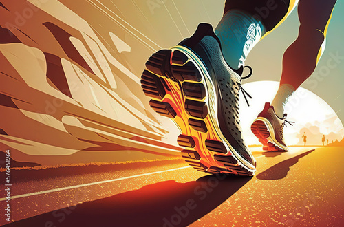 Running for a healthy life. Close up of shoes, running athlete legs running on the road at sunset. AI generated vector illustration.