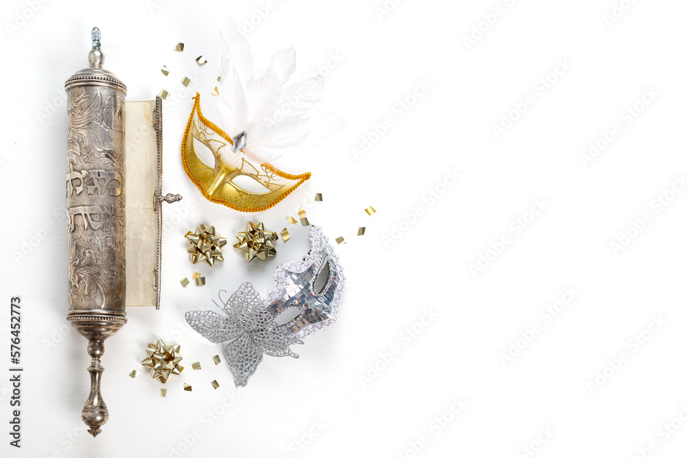 The Scroll of Esther (With an inscription in Hebrew "Book of Esther") and Purim Festival objects. On white background. Top view - obrazy, fototapety, plakaty 