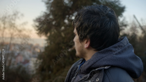 Sunset and Trees as Handsome Young Man Video Calls and Shares Surroundings with Others, POV Shot