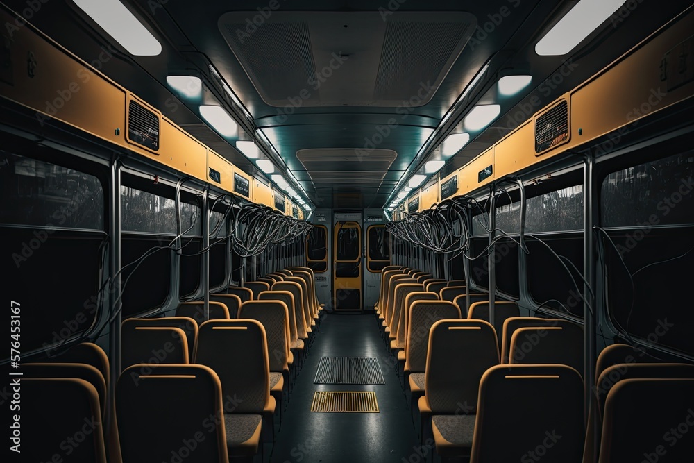 dark interior of bus depot with rows of empty passenger compartments, created with generative ai