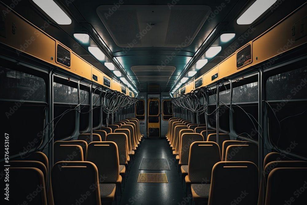 dark interior of bus depot with rows of empty passenger compartments, created with generative ai dark interior of bus depot with rows of empty passenger compartments, created with generative ai