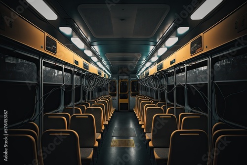 dark interior of bus depot with rows of empty passenger compartments, created with generative ai