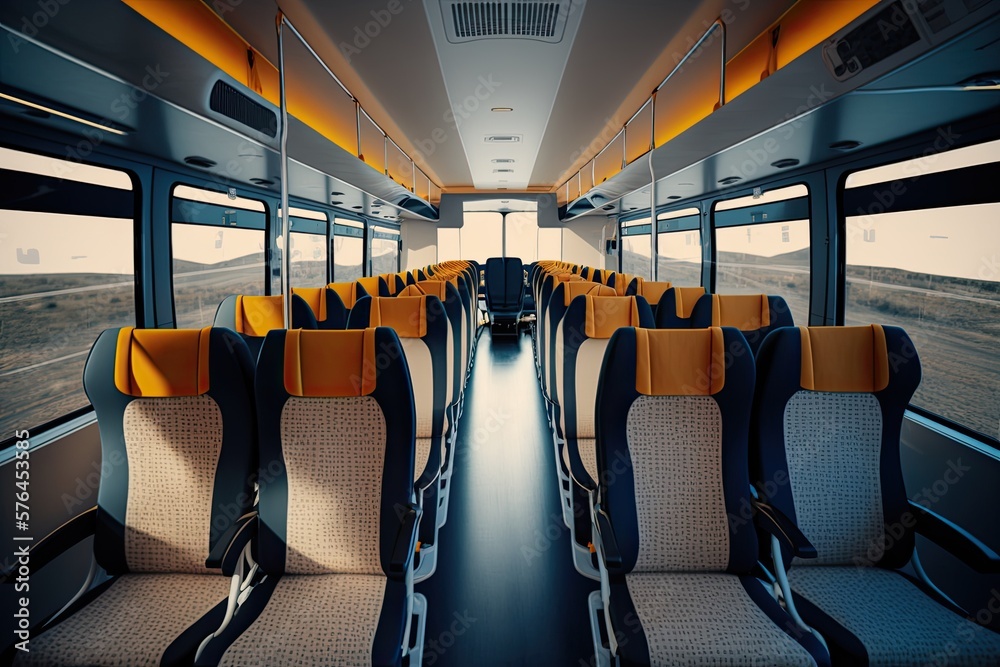 Fototapeta premium interior of modern bus with comfortable chairs and roomy luggage compartments bus depot, created with generative ai