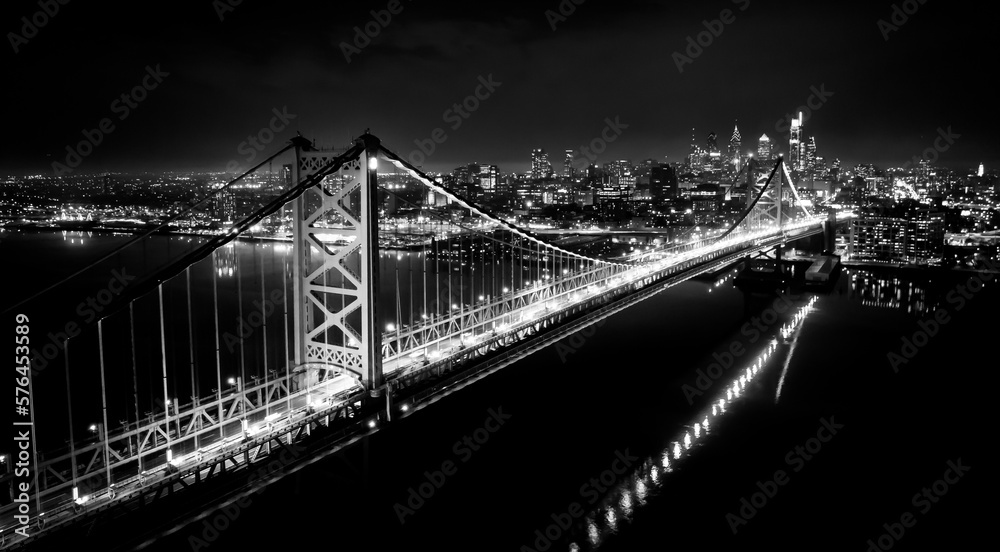 Aerial view over Philadelphia and Ben Franklin Bridge at night - street photoraphy