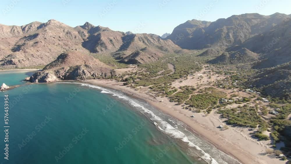 Aerial above small remote beach town of Agua Verde in Baja Sur, Mexico on Sea of Cortez
