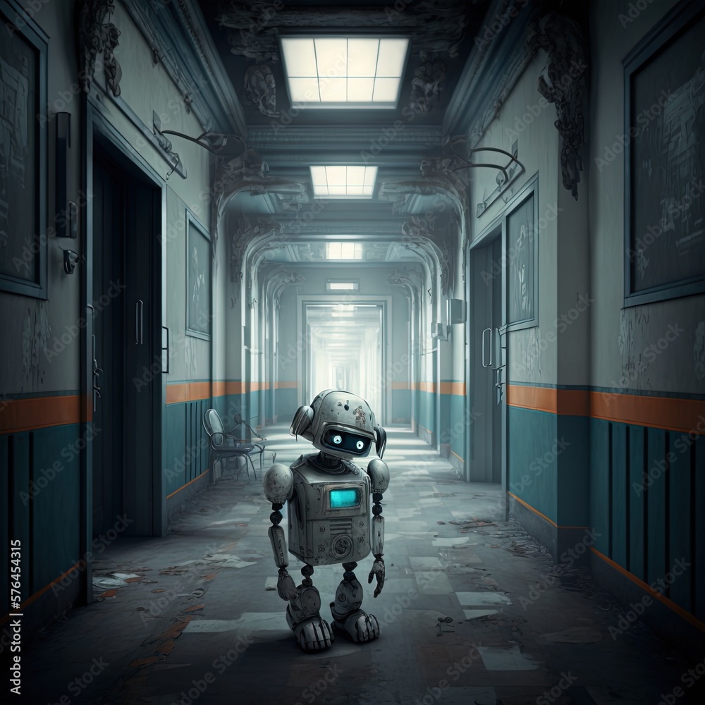 Lonely, abandoned robot in a mental institution. Loneliness and depression concept. Generative AI