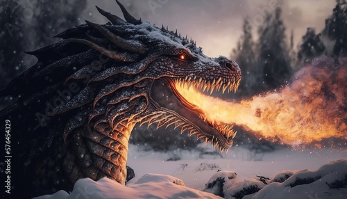 Dragon Breathing Fire. Post-produced generative AI digital illustration.