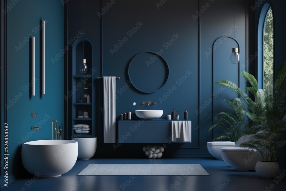 interior of a modern dark blue bathroom at house. bright sun light from ...