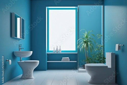 interior of a modern blue bathroom with plant. bright sun light from windows, generative ai. Epic old luxury, tall ceilings timeless architecture style, 3D rendered room