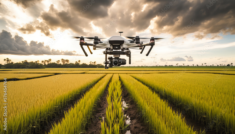 Drone over Rice Field. Post-produced generative AI digital illustration.