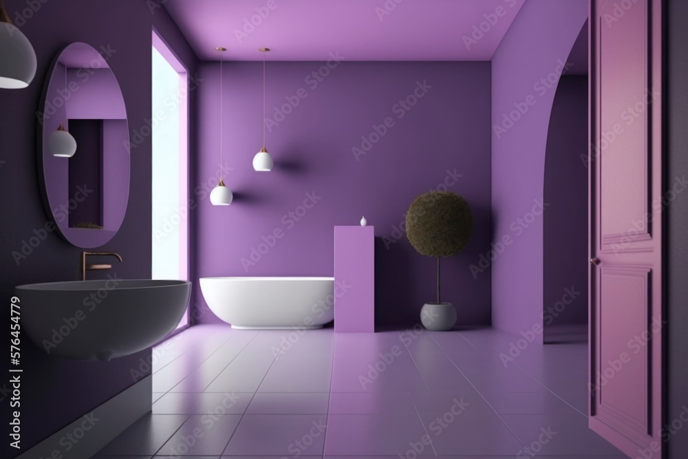 interior of a modern purple bathroom at house. bright sun light from