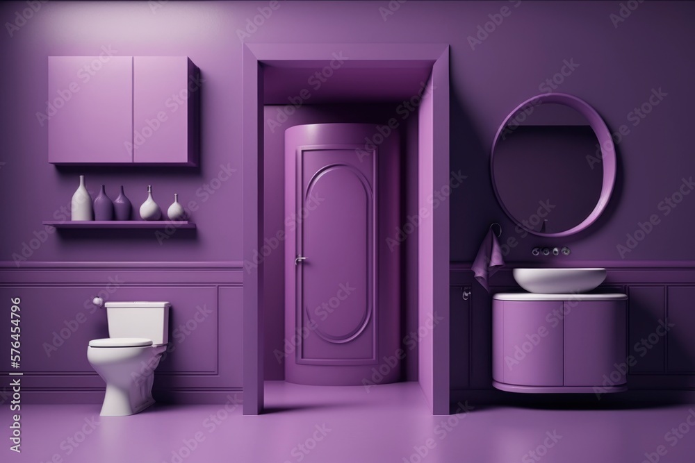 interior of a modern purple bathroom at house. bright sun light from