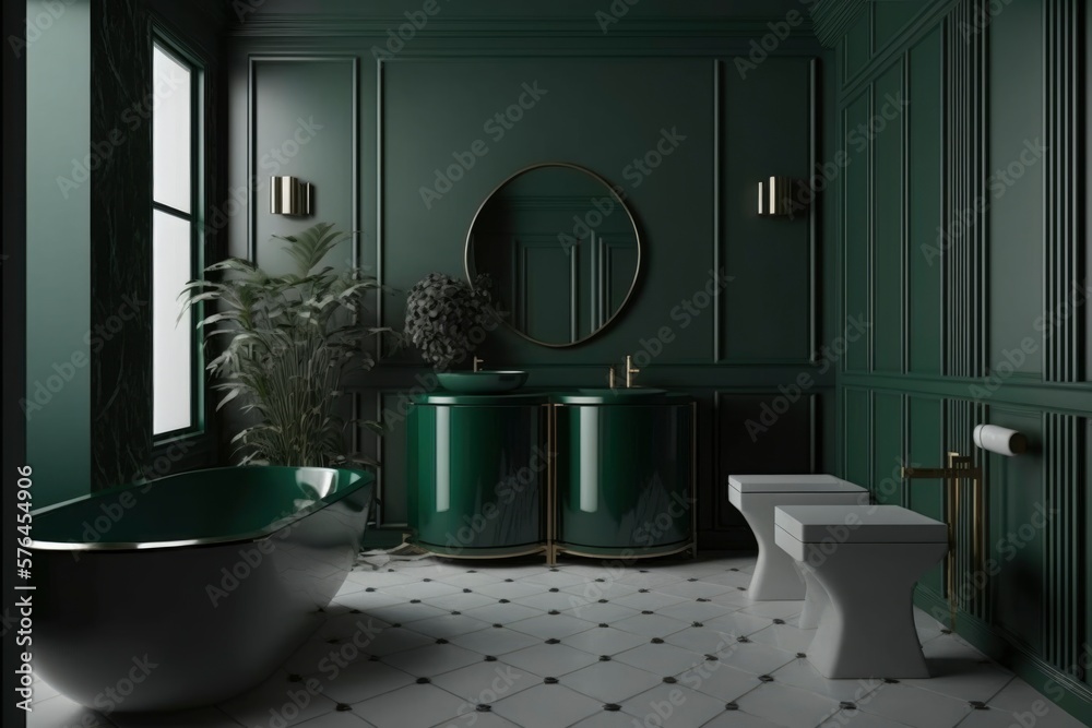 interior of a modern dark green bathroom at house. bright sun light from windows, generative ai ...