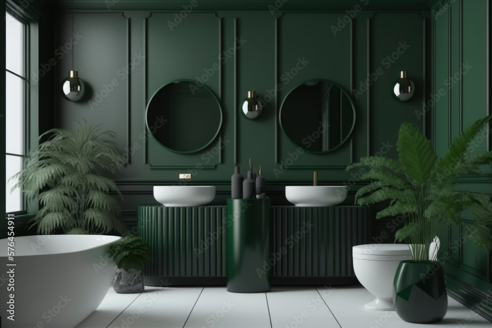 Stockillustratie interior of a modern dark green bathroom at house
