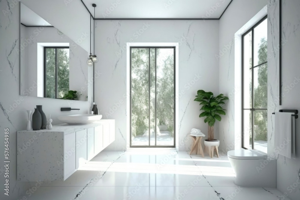 interior of a modern white bathroom at house. bright sun light from windows, generative ai. Epic old luxury, tall ceilings timeless architecture style, 3D rendered room interior of a modern white bathroom at house. bright sun light from windows, generative ai. Epic old luxury, tall ceilings timeless architecture style, 3D rendered room