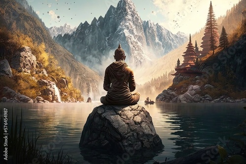 Buddha from back sitting on the stone close to the water in the background of sunny mountains © Ferenc