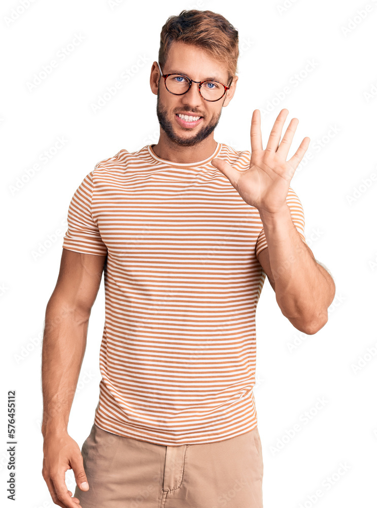 Young caucasian man wearing casual clothes and glasses showing and pointing up with fingers number five while smiling confident and happy. Young caucasian man wearing casual clothes and glasses showing and pointing up with fingers number five while smiling confident and happy.