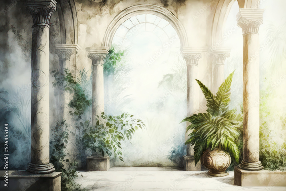Light room in a Rome or Greek style with columns and green flowers, painting, can be used as background, Generative AI. Roman style background for banners or postcards. Light room in a Rome or Greek style with columns and green flowers, painting, can be used as background, Generative AI. Roman style background for banners or postcards.