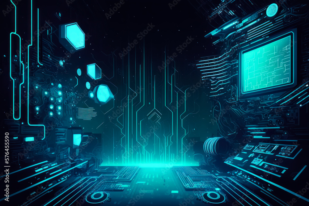 Abstract Cyber space background. Cyber security background. Hi-tech digital technology and engineering background. Futuristic colorful abstract space with geometrical shapes and lines, Generative AI.