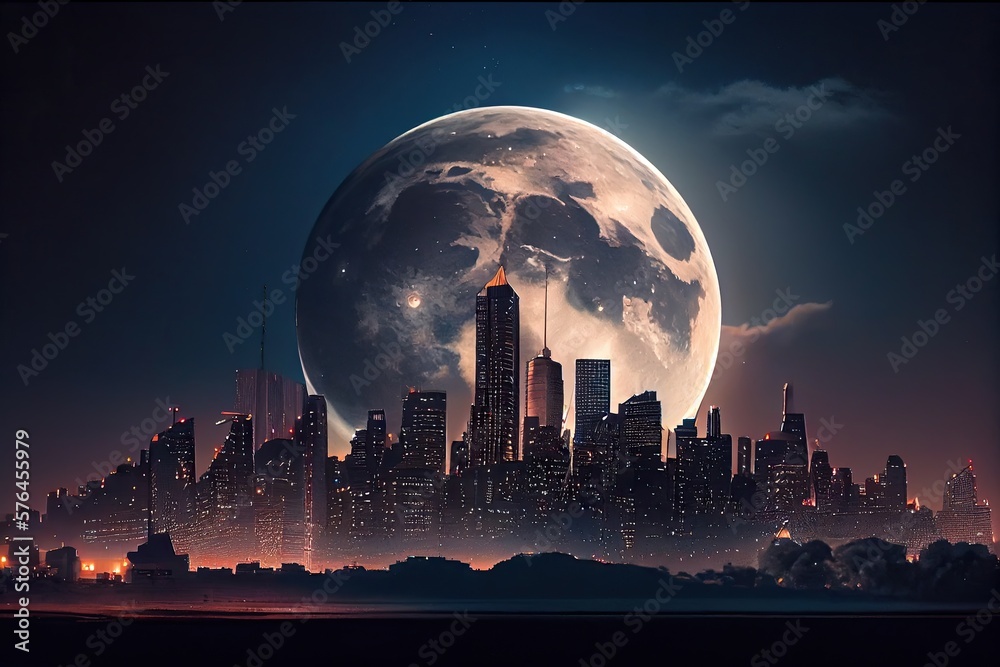 Cityscape of Urban Skyline Sparkles in Moonlight: City Buildings Lit Up by Full Moon Overhead. Generative AI