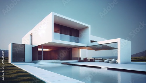 Luxurious Contemporary Villa with Minimalist Design and Exquisite Garden Deck View: The Rich Home with a Swimming Pool and Sea View. Generative AI © AIGen