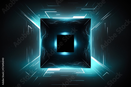 Abstract Cyber space background. Cyber background with black frame in the center. Hi-tech technology and engineering background. Futuristic abstract space with geometrical shapes, Generative AI.