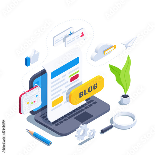 isometric vector illustration on a gray background, laptop with typed text and a blog button, like and text message icons, blogging on the internet