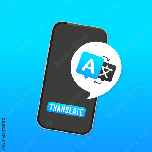 Flat design concept language translate. Chat message on mobile translate application. Chat bubbles with language translation icons in different. Multilingual online translator. Vector illustration