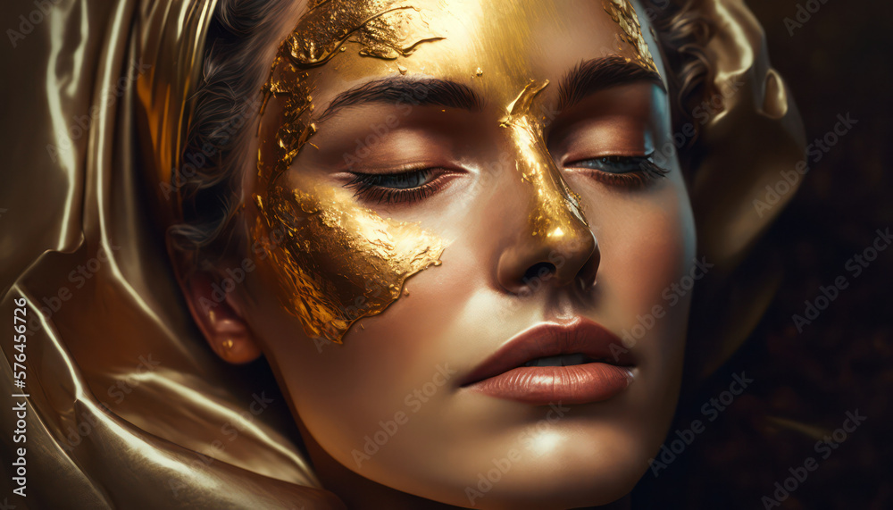 young female model is relaxed with a golden mask on her face. skin rejuvenation of a beautiful woman.  Luxury Skin Care Concept. generative AI