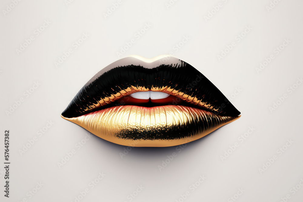Abstract black with gold lips on a white background. black lips close up. Beautiful make-up. beautiful color on the beauty of the female mouth, close-up. mouth icon. Generative AI Abstract black with gold lips on a white background. black lips close up. Beautiful make-up. beautiful color on the beauty of the female mouth, close-up. mouth icon. Generative AI