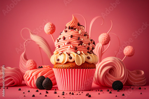 A large cupcake and pastries on a pink background