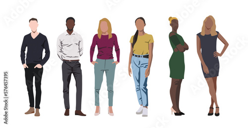 Group of male and female flat cartoon characters isolated on white background.Team of full body people. Vector illustration.