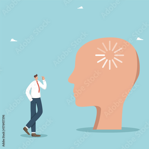 Creative thought process or imagination, wisdom or intuition, using the intellect to generate innovative ideas, business strategies and problem solving. Loading icon spinning in big human head.