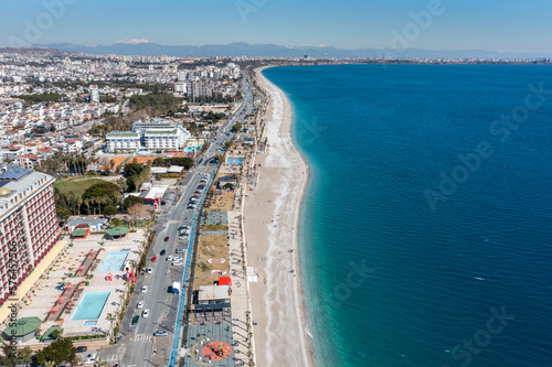 The Mediterranean, the famous Konyaaltı beach, the city of Antalya and the Taurus Mountains behind. Turkey  © Bulent