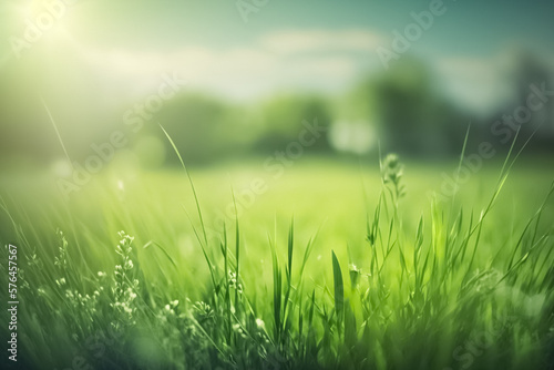 A fresh spring sunny garden background of green grass and blurred natural landscape, sunlight in nature field. Blurred spring nature background. generative ai