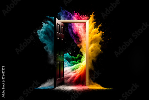 Open door to another world. Door with colorful fume inside and around it on black background, Generative AI. Multiverse. Travel thought reality.