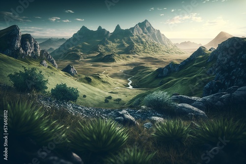 Landscape with mountains and valley. Generative ai. 